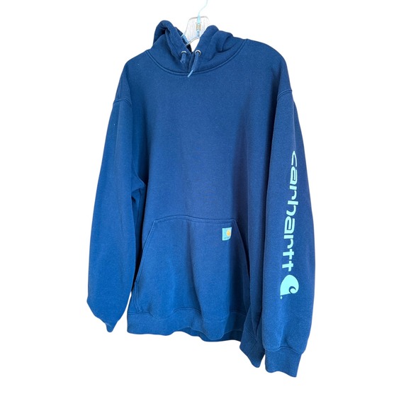 Carhartt Other - Carhartt Hoodie XL Loose Fit Navy Blue Spell Out Logo Sleeve Sweatshirt